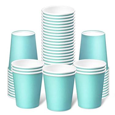 Imagem de [Pacote com 50] Copos de papel de 237 ml, copo de café de papel descartável, copos de papel para bebidas quentes ou frias, copos de papel para festa, piquenique, churrasco, viagens e evento (azul claro)