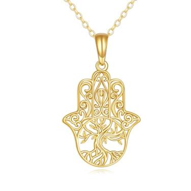 Imagem de KECHO Colar de mão Hamsa de ouro 14 k com pingente de árvore da vida, joias de proteção da sorte, presentes de Natal para mulheres e meninas, Ouro amarelo, Altamente polido.