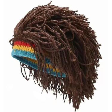 Imagem de DIYDECAL Gorro engraçado de tricô com cabelo para homens, chapéus de peruca quente para festa à fantasia, Marrom, tamanho �nico