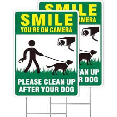Imagem de Multiwins Clean UP After Your Dog Signs, pacote com 2 placas de 33.0 cm x 25.4 cm dupla face Pick Up After Your Dog com estaca de metal, placas Smile Your On Camera, placas sem cocô de cachorro para