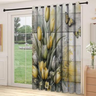 Imagem de Divisória de parede de cortina de divisória amarela, rústica fazenda vibrante, tulipa florescendo com folhas e borboleta, adequada para portas de vidro deslizantes, cortinas térmicas de sala de estar,