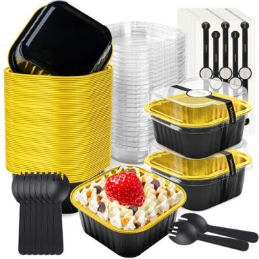 Imagem de NPLUX 50 peças de mini formas quadradas para assar com tampas e colheres, mini formas de bolo de alumínio com tampas, formas de bolo de ramequins descartáveis, copos de sobremesa para festa de