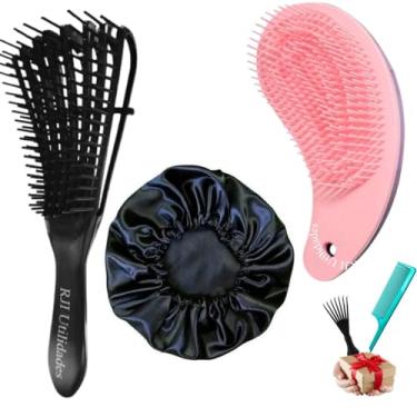 Imagem de Kit Escova de Cabelo Polvo Ajustável + Escova Mágica Cerdas Duplas + Touca de Cetim com Elástico Preta + Brindes Pente Profissional e Escovinha - Anti-Frizz, Desembaraço e Finalização para Cabelos Cacheados, Crespos e em Transição