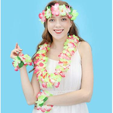 Imagem de LAYSERI Conjunto de coroa de flores havaianas luau Leis jumbo colar pulseiras faixa de cabeça, rosa e verde