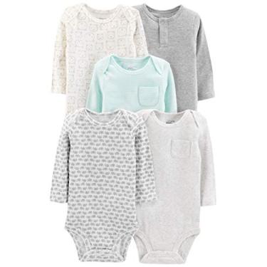 Imagem de Simple Joys by Carter's Pacote com 5 bodies unissex de manga comprida, Listras azul-aqua/cinza mesclado/urze branca/urso/elefantes, Prematuro