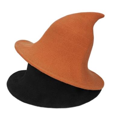 Imagem de Voilipex Chapéu feminino de feltro de lã de bruxa moderno fantasia de Halloween chapéu de feiticeiro de malha pacote com 2 (preto laranja, tamanho único)