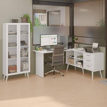 Imagem de Kit 2 Peças Com Escrivaninha Em L 3 Gavetas E Armário Multiuso Com Vidro Madesa Branco