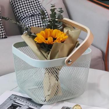 Imagem de Cesta quadrada de metal para armazenamento de frutas, com cabo de madeira, multifuncional, organizador de armazenamento suspenso, suporte de frutas para cozinha, banheiro, piquenique, decoração de