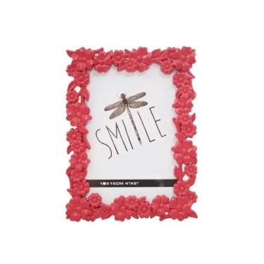 Imagem de Porta Retrato De Plástico Vermelho Flores Enfeite 1 Foto 10 X 15 Cm - 