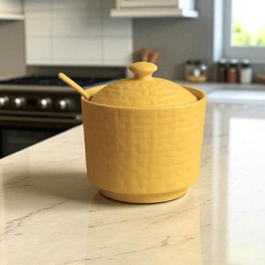 Imagem de Açucareiro De Porcelana Com Colher 290ml Saleiro Rattan Bege - Hauskra