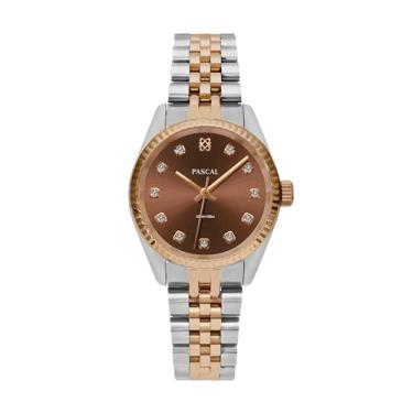 Imagem de PASCAL Relógios de pulso de quartzo em dois tons, relógios femininos com pulseira ajustável, realce de cristal, à prova d'água de 300 metros, ouro rosa/cacau, Moderno