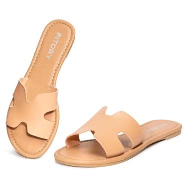 Imagem de FITORY Sandálias rasteiras femininas de couro elegantes e confortáveis - elegantes e bonitas sandálias de verão tamanho 6-11, Camelo, 41