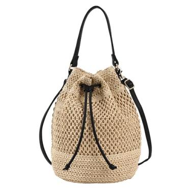 Imagem de OWGSEE Bolsa balde de palha bolsas transversais pequenas de tecido para mulheres Hobo bolsa de cordão bolsas de férias bolsa de praia de palha, Bege, Medium