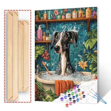 Imagem de Kit de pintura de banho animal por números para adultos e crianças de 8 a 12 anos, pintura de cachorro na banheira por número em tela, fácil de pintar para iniciantes, pintura acrílica botânica
