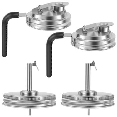 Imagem de 4 peças de tampas de bico de aço inoxidável, tampas de pote de vidro de boca larga de 8,5 cm de largura, tampa de conserva hermética, tampa superior com alça, tampa superior com alça, tampa à prova de