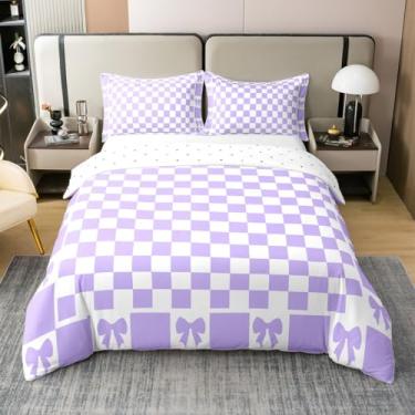 Imagem de Manfei Jogo de cama queen size xadrez roxo e branco, estampa de princesa com laço roxo (sem edredom) para quarto, quadriculado geométrico, capa de colcha de arte simples, 3 peças