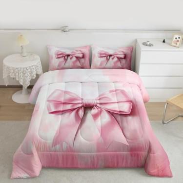 Imagem de Feelyou Conjunto de edredom com laço, tamanho solteiro, para crianças, meninos, meninas, rosa, branco, edredom kawaii, decoração de quarto, microfibra fofa, 2 peças com 1 fronha
