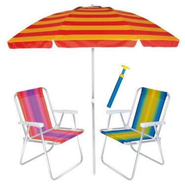 Imagem de Kit Praia 2 Cadeira Alta Alumínio + Guarda Sol 2m Alum + Saca Areia Pr