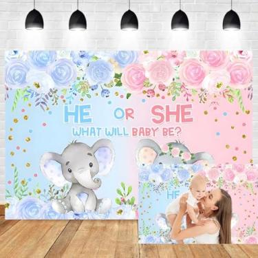 Imagem de Elefante de 2,7 x 1,8 m, pano de fundo revelador de gênero, ele ou ela, o que será o bebê, foto de fundo aquarela floral azul ou rosa menino ou menina recém-nascido revelar chá de bebê decoração de