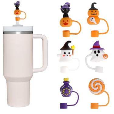Imagem de 6 peças de cobertura de palha de Halloween de abóbora e fantasma para Stanley Cup, tampas de silicone reutilizáveis à prova de poeira, serve para copos de 850 g e 1,134 g, acessórios para presentes de