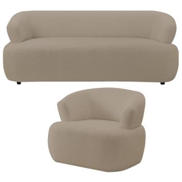 Imagem de Kit Sofá 3 Lugares Para Sala 198cm Com 01 Poltrona Orgânica Florea M05 Bouclê Bege - Lyam Decor