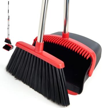 Imagem de XXFLOWER Conjunto de vassoura e pá de lixo com cabo longo, vassoura de poeira pesada e combo de pá de lixo para casa, cozinha, escritório, pelos de animais de estimação (preto vermelho)