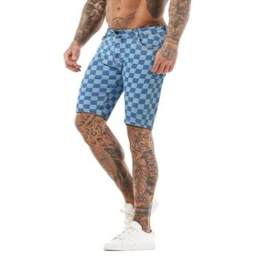 Imagem de Shorts jeans GINGTTO xadrez azul para homens, tamanho Slim Fit, tamanh