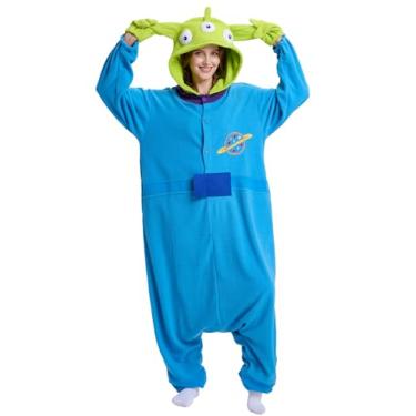 Imagem de DCOFXGM Pijama de animal adulto, fantasias de Halloween, cosplay, roupa de dormir para mulheres, homens e adolescentes, Azul + verde, M