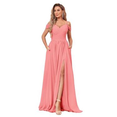 Imagem de Vestido de dama de honra BOLENSYE Off The Shoulder em chiffon coral