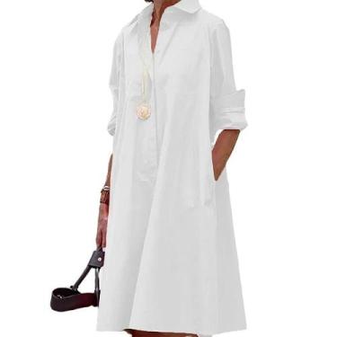 Imagem de Vestido feminino Zhyaj branco com decote em V, manga comprida, midi