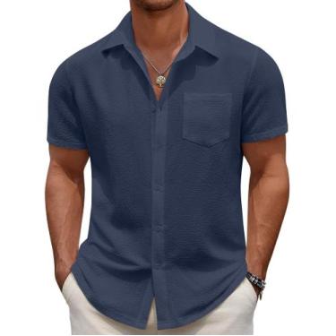 Imagem de Camisa masculina casual com botões COOFANDY, manga curta, azul violeta