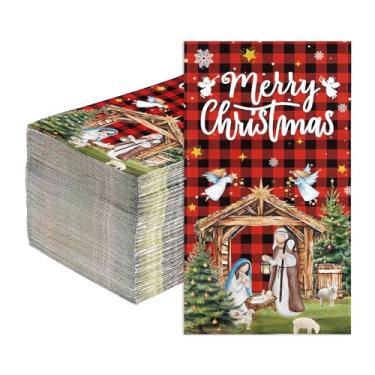 Imagem de 100 peças de guardanapos de papel xadrez buffalos vermelhos natalinos 3 camadas feliz aniversário Jesus toalhas de mão absorventes descartáveis guardanapos de noite santa para presentes de Natal Jesus
