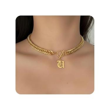 Imagem de ADEMISHIA Colar feminino com inicial inglesa antiga em ouro 18 K, delicado pingente A-Z com corrente cubana de aço inoxidável, gargantilha grossa, colar gargantilha para presente de Halloween e Natal