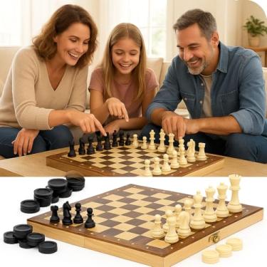Imagem de Jogo de Tabuleiro 3 em 1, Xadrez, Damas e Gamão, Tabuleiro em Madeira com Casas Laminadas, Peças em Resina de Alto Impacto, Peças Magnéticas, Portátil