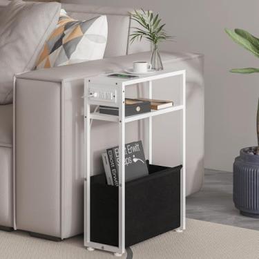 Imagem de Leomonio Mesa lateral estreita, mesas de canto finas com cesta de tecido, mesa fina para espaços pequenos, mesa de cabeceira fina para sala de estar, quarto (1, branco - tomada)