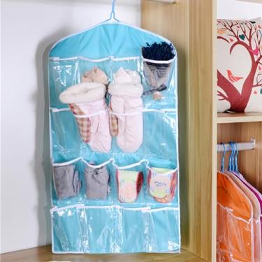 Imagem de Organizador de armário suspenso com 16 compartimentos, organizador sobre a porta, suporte de parede para banheiro, quarto, casa, cozinha, azul