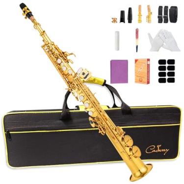 Imagem de Cadway Saxofone Soprano Bb, instrumentos de saxofone laquer dourado reto para iniciantes estudantes, jogadores intermediários com estojo de transporte, luvas brancas. Kit de limpeza. Alça de pescoço.