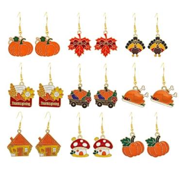 Imagem de 9 pares de brincos de outono de Ação de Graças de Abóbora e Folha de Bordo para Mulheres Bonito Coruja Peru Ouriço Pingente Brinco Leve de Ação de Graças Joias de Festa de Outono Presentes, Zinco, Sem