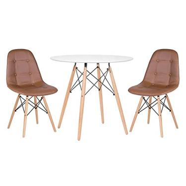 Imagem de Loft7, Mesa redonda Eames 80 cm branco + 2 cadeiras estofadas Eiffel Botonê Marrom