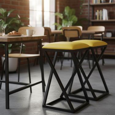Imagem de Conjunto 2 Banquetas Design Industrial Sem Encosto Pés Z Amarelo