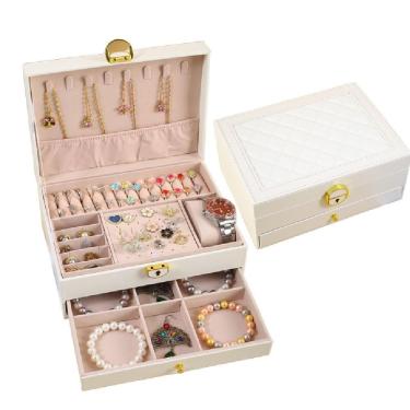 Imagem de Maleta Organizador Joias Gaveta Portatil 2 Andares Brincos Aneis Relogio Viagem Luxo Branco Elegancia E Praticidade Tota