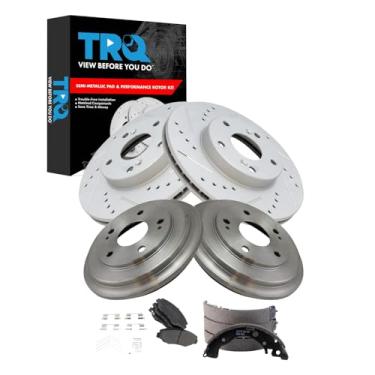 Imagem de TRQ Pastilha de freio dianteiro e traseiro e rotor, kit de sapata e tambor Desempenho semi-metálico revestido com G premium compatível com Honda Civic 2013-2015