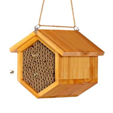 Imagem de Mason Bee House Hotel de abelha revestido com cera, casa polinizadora impermeável, hotel de abelha pedreiro natural feito à mão para abelhas polinizadoras suprimentos de jardim