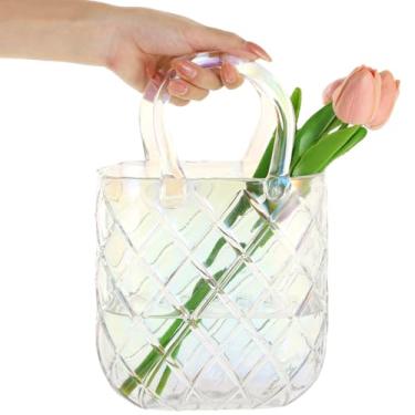 Imagem de Vaso decorativo de vidro iridescente para arranjos florais, vaso texturizado transparente com alça para centro de mesa