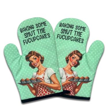 Imagem de NAHMAKNE Pacote com 2 luvas de forno engraçadas para mulheres, Baking Some Shut The Fucupcakes, luvas de cozinha vintage resistentes ao calor, presentes de panificação humorísticos para padeiros