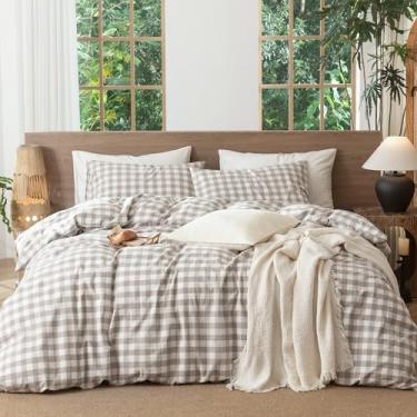 Imagem de MooMee Conjunto de capa de edredom Gingham 100% algodão lavado, linho, texturizado, respirável, durável, macio, confortável, moderno design xadrez (cinza de linho caramelo xadrez búfalo, 264 x 248 cm)