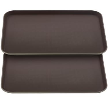 Imagem de FillTouch 2 bandejas de restaurante de plástico PP antiderrapante forradas de borracha grande oval para cozinha, sala de jantar, cafeterias, serviço de fast food (marrom)