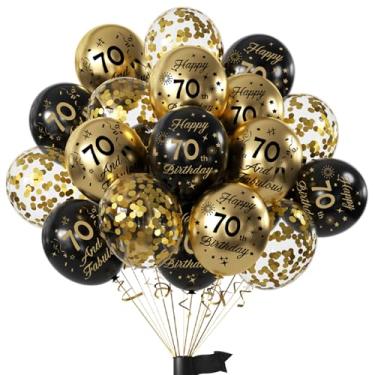Imagem de Balões de 70º aniversário 15 peças de balões de confetes de látex de feliz aniversário de 70 anos, ouro preto, 30 cm, decoração de festa de 70 anos, balões para homens e mulheres