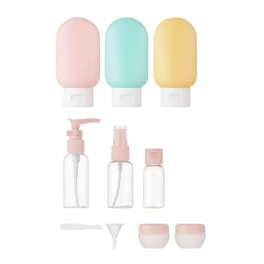 Imagem de Kit de Viagem com 10 Itens Frascos Potes Recarregáveis para Shampoo, Condicionador, Sabonete, Creme, Álcool em Gel, Maquiagem, Cosméticos, Com Necessaire transparente (Rosa bebê)