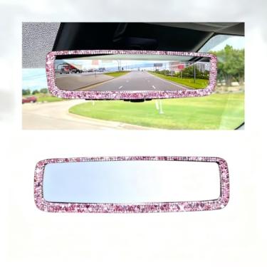 Imagem de FALVFUN Espelho retrovisor de carro brilhante, strass de cristal, diamante borda grande angular espelho retrovisor de veículo, decoração de interior automotivo panorâmica de encaixe, universal para